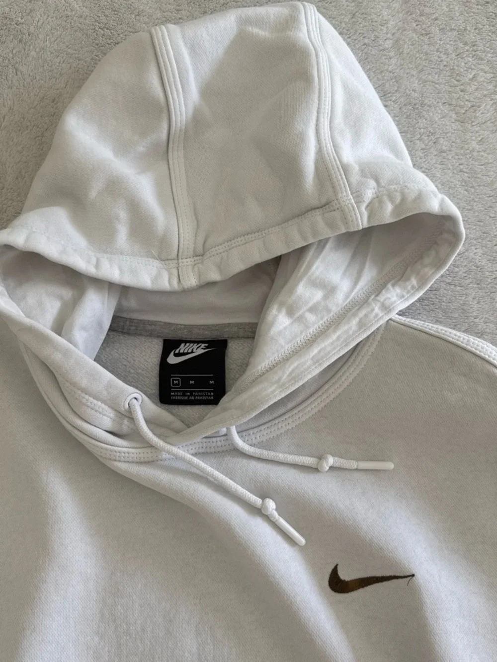 Nike White Crewneck Hoodie with Small Brown Swoosh